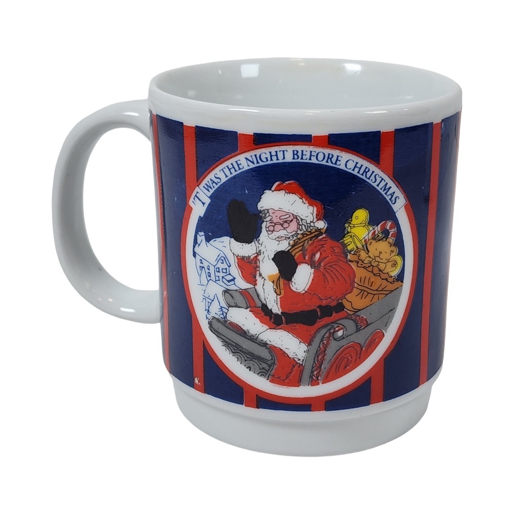 Vintage 1987 Applause Santa Twas the Night Before Christmas Mug Blue Red Striped